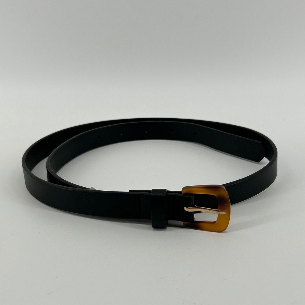 Black Skinny Belt Tortoise Shell Buckle Gold Tone Hardware Adjustable Minimalist